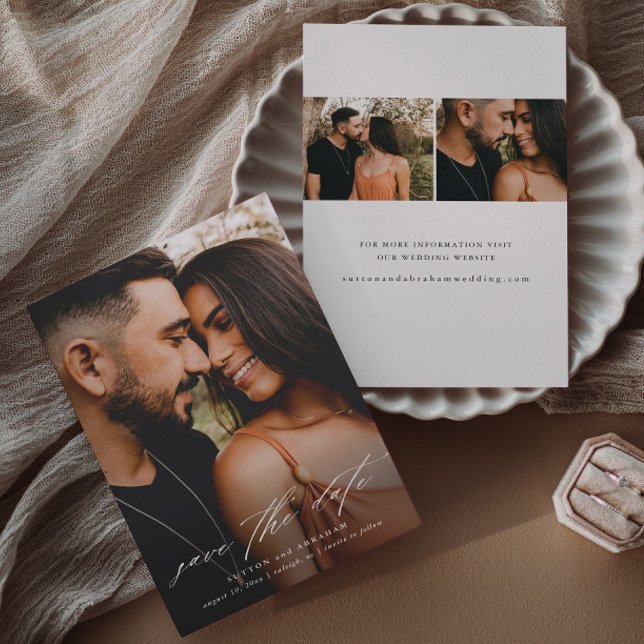 Budget Bröllop Foto Spara Datum Manus Flygblad (Elegant script simple 3 photo overlay wedding save the date announcement cards.)