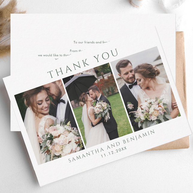Budget Bröllop Photo Collage Tack Anteckningskort (3 Photo Collage Wedding Thank You Card)