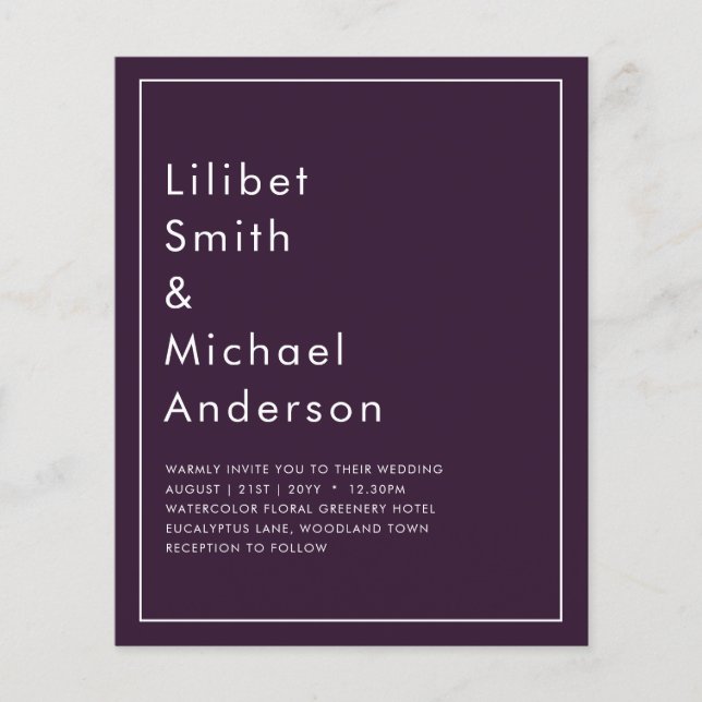 BUDGET Bröllop PLOMMON LILA Monokromt Enkelt Flygblad (Framsidan)