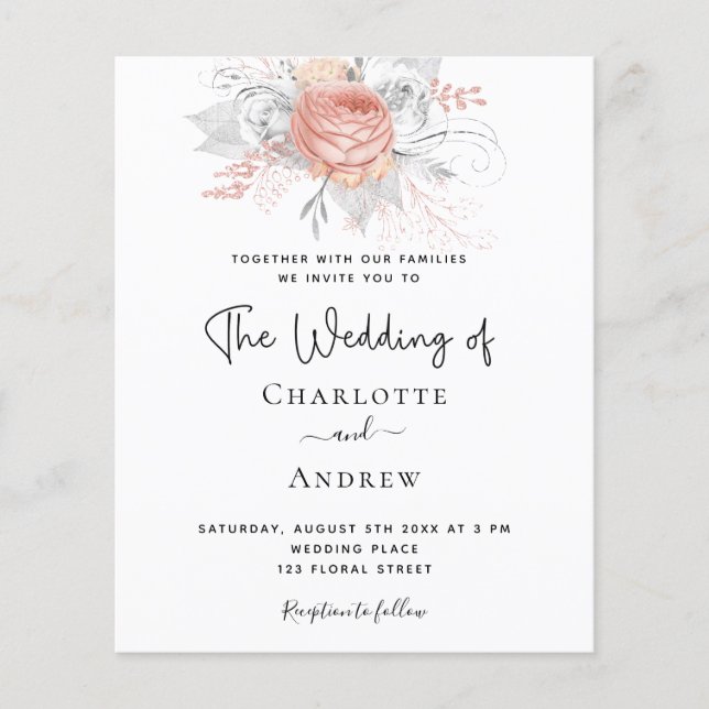 Budget Bröllop rose gold blommig elegant silver (Framsida)