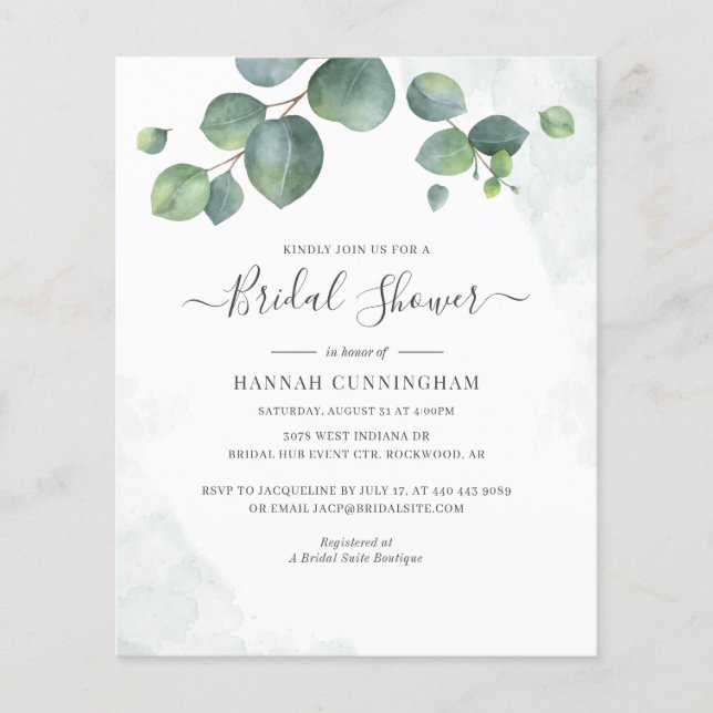 Budget Bröllopsdusch med Eukalyptus Script Blommor (Framsida)