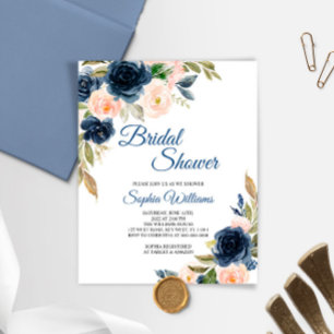 Budget Bröllopsduschinbjudan Navy & Rosa Blommor