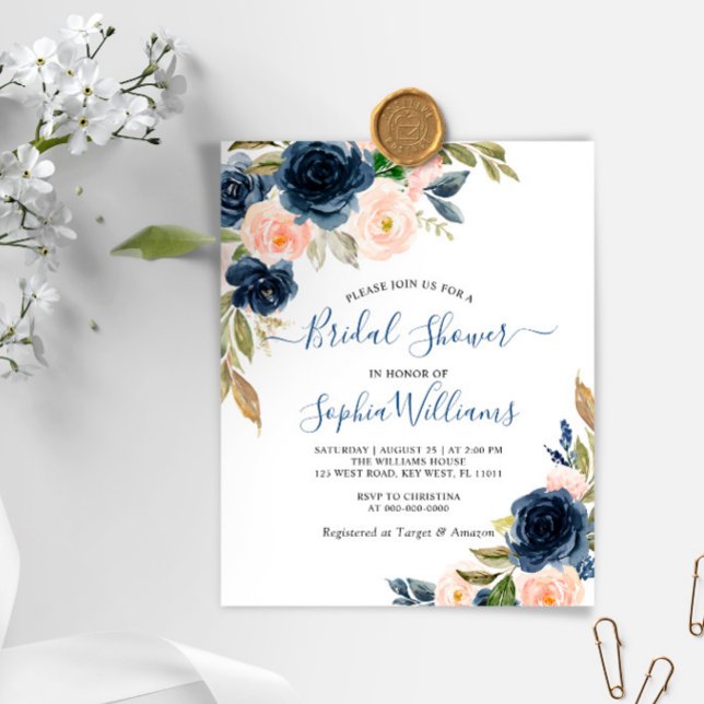 Budget Bröllopsinbjudan för Navy & Rosa Blommor (Skapare uppladdad)