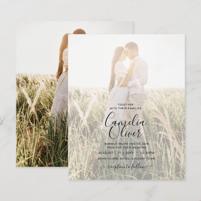 Budget Bröllopsinbjudan Klassiskt Vitt GULD (Fram/baksida)