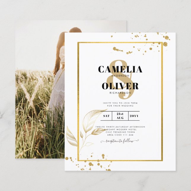Budget Bröllopsinbjudan Klassiskt Vitt GULD (Fram/baksida)