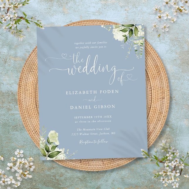 Budget Bröllopsinbjudan med Dammig Blå Grönska (Budget Greenery Dusty Blue Wedding Invitation)