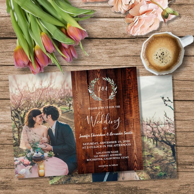 Budget bröllopsinbjudan med trämönogram för barn flygblad (Budget barn wood monogram photo Wedding invitation Flyer. You can add your own photos to personalize)