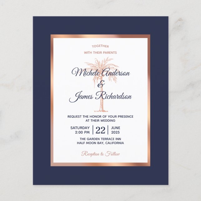 Budget Bröllopsinbjudan Navy Rose Gold Palm (Framsida)