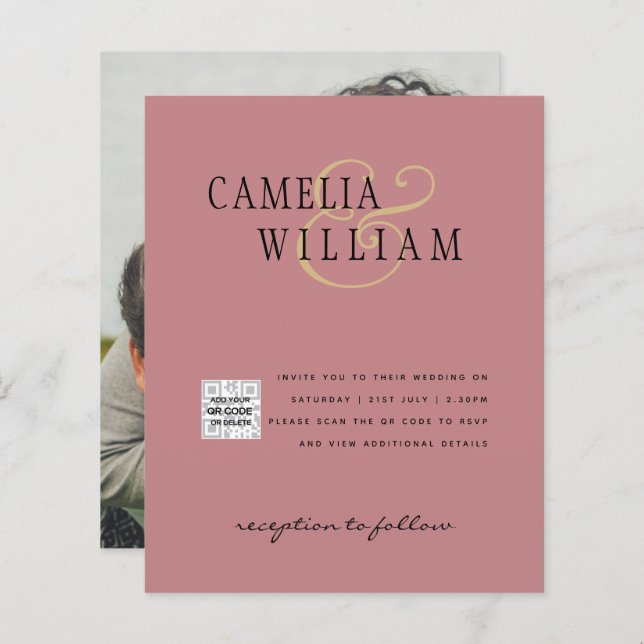 Budget Bröllopsinbjudan Spara datum QR-kod  (Fram/baksida)