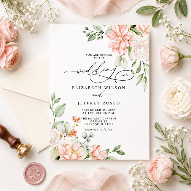 Budget Bröllopsinbjudningar med vita blommor i ros (Budget Elegant Modern Blush White Floral Wedding Invitation)