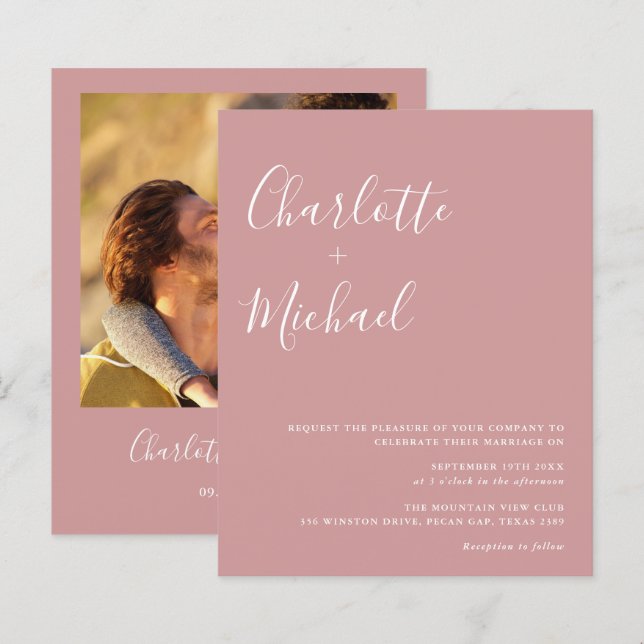 Budget Bröllopskort Dusty Rose Foto Bröllopsinbjud (Fram/baksida)
