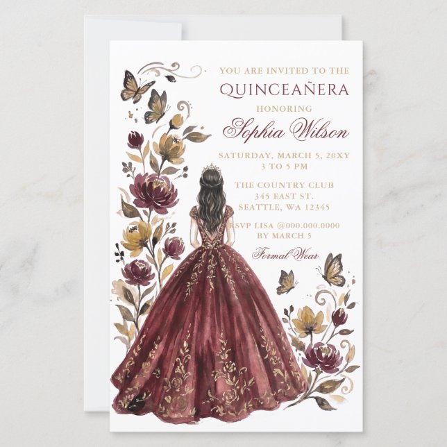 Budget Burgunder Blommig Prinsessa Quinceañera (Framsida)