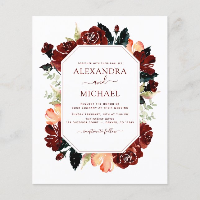 Budget Burgunder Marinblå Blommig Bröllop Elegant Flygblad (Framsidan)