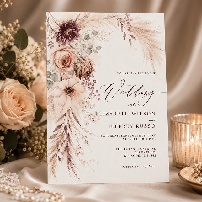 Budget Burgunder Pampasgräs Höstbröllop (Budget Burgundy Pampas Grass Fall Wedding Invitation)