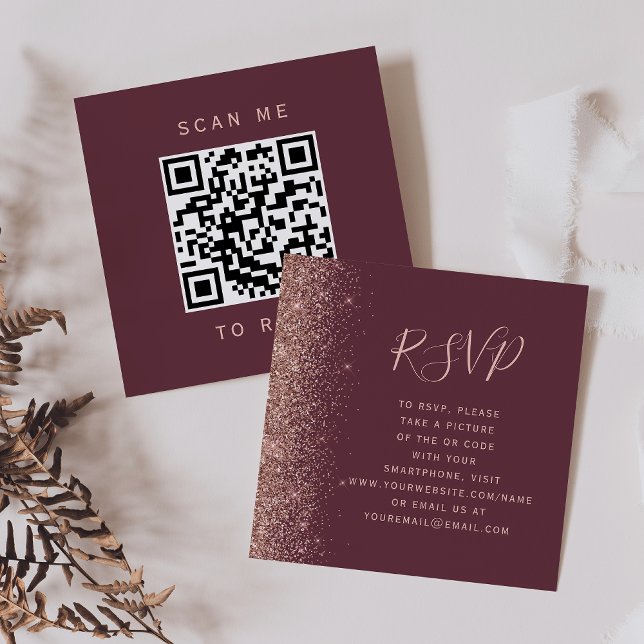 Budget Burgunder Rosa Guld Bröllops QR-kod RSVP Tilläggskort (Skapare uppladdad)