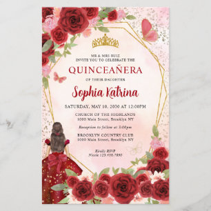 Budget Burgundy Blommig Guld Prinsessa Quinceañera