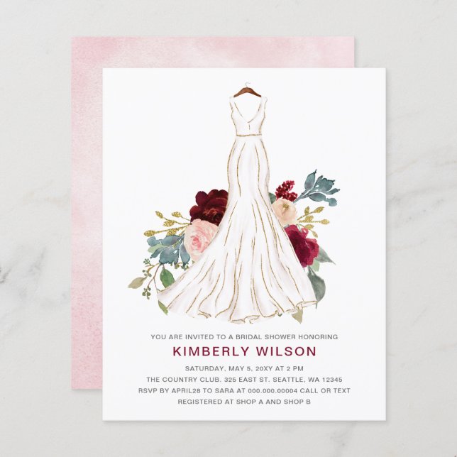 Budget Burgundy Blommigt Bröllop Dress Möhippa (Fram/baksida)