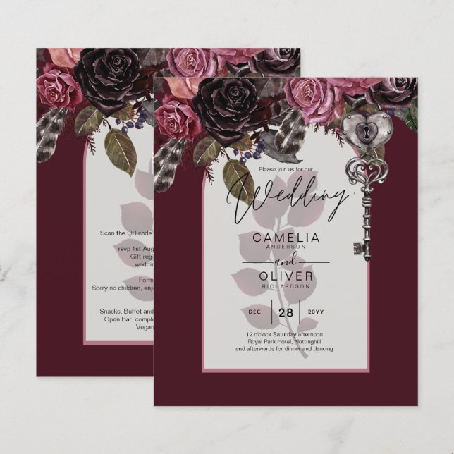 Budget Burgundy  Blommigt bröllopsinbjudan SATIN (Fram/baksida)