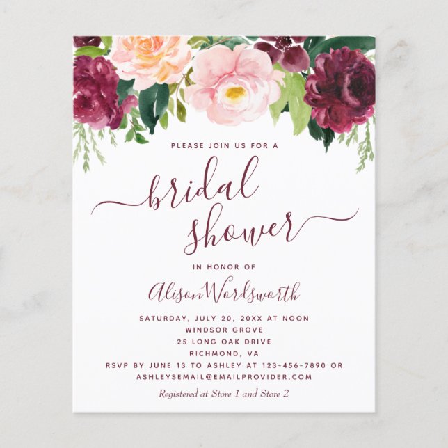 Budget Burgundy Blommigt Inbjudningskort för möhip (Framsida)