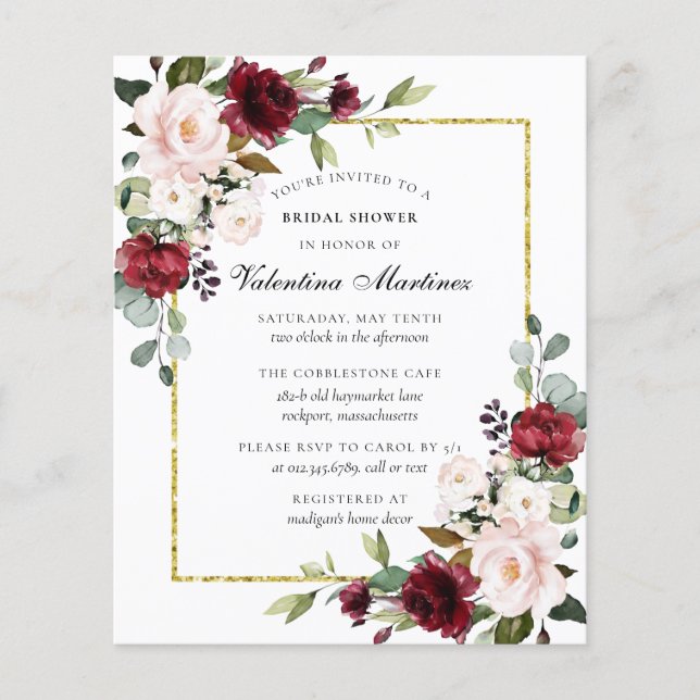 Budget Burgundy Blommigt Inbjudningskort för möhip (Framsida)