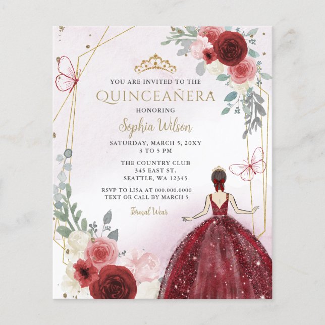 Budget Burgundy Blommigt Princess Quinceañera Inbj (Framsida)