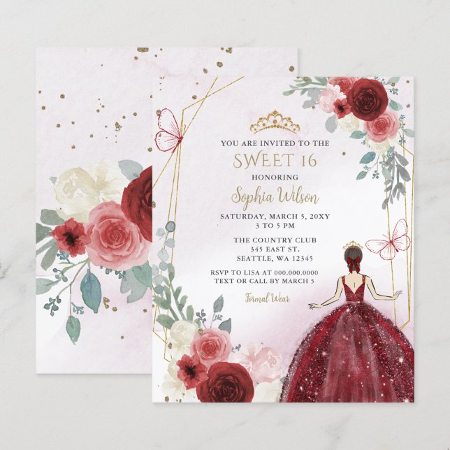 Budget Burgundy Blommigt Princess Sweet 16 Inbjuda (Fram/baksida)
