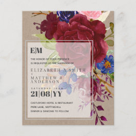 Budget Burgundy Blue Ro Blommigt Bröllopsinbjudnin