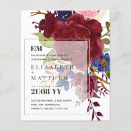Budget Burgundy Blue Ro Blommigt Bröllopsinbjudnin