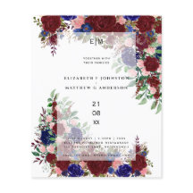 Budget Burgundy Blue Rosa Blommigt Bröllopsinbjudn