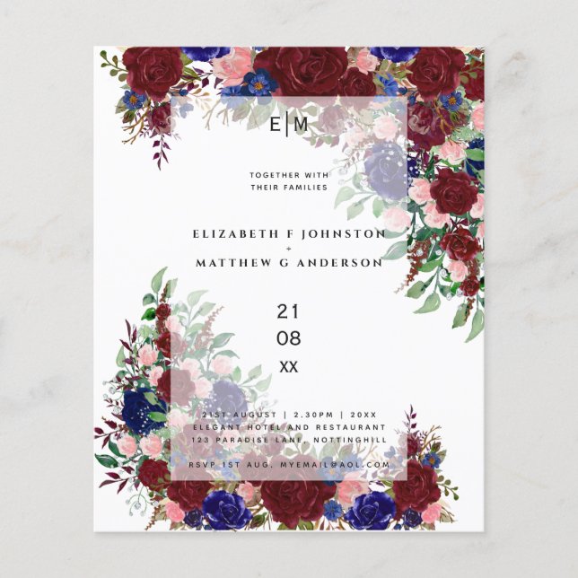 Budget Burgundy Blue Rosa Blommigt Bröllopsinbjudn (Framsida)
