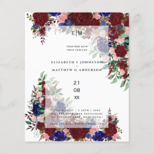 Budget Burgundy Blue Rosa Blommigt Bröllopsinbjudn