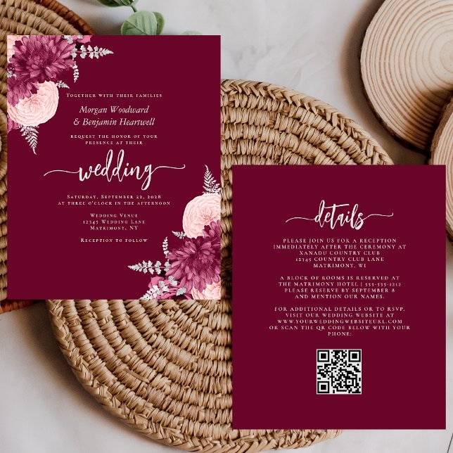 Budget Burgundy Blush Floral QR Code Wedding (Skapare uppladdad)