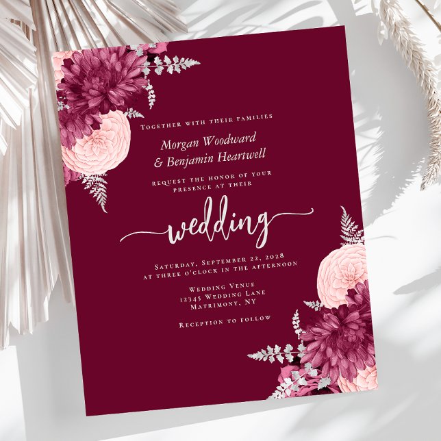 Budget Burgundy Blush Silver Floral Wedding Invite (Skapare uppladdad)