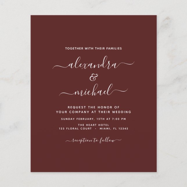 Budget Burgundy Bröllop Modern Typografi Flygblad (Framsidan)