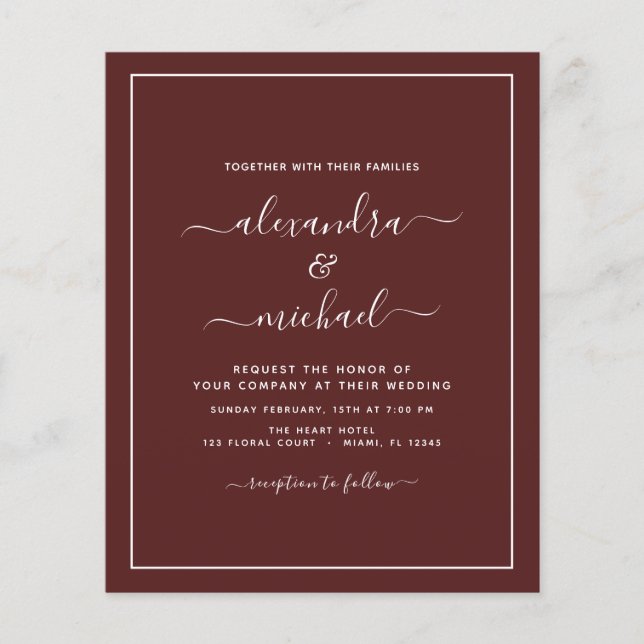 Budget Burgundy Bröllop Modern Typography Flyer (Framsidan)