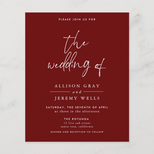 Budget Burgundy bröllopsinbjudan Flygblad (Framsidan)
