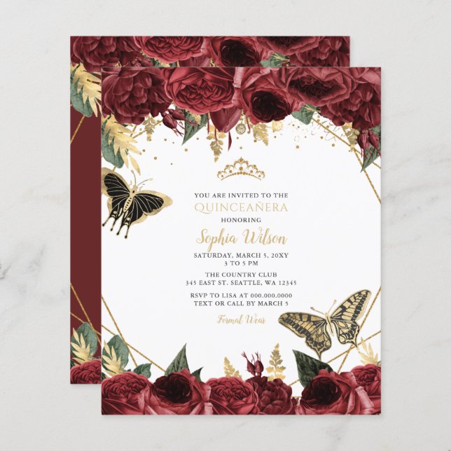 Budget Burgundy Butterfly Quinceañera-inbjudan (Fram/baksida)