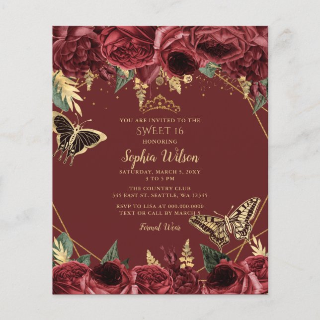 Budget Burgundy Butterfly Sweet 16-inbjudan (Framsida)