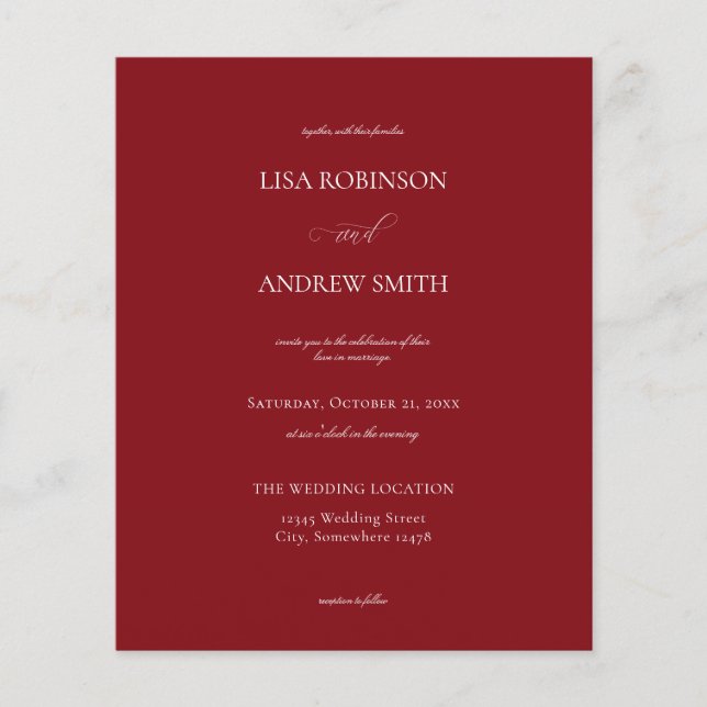 Budget Burgundy Calligraphy Bröllop Flyer (Framsidan)