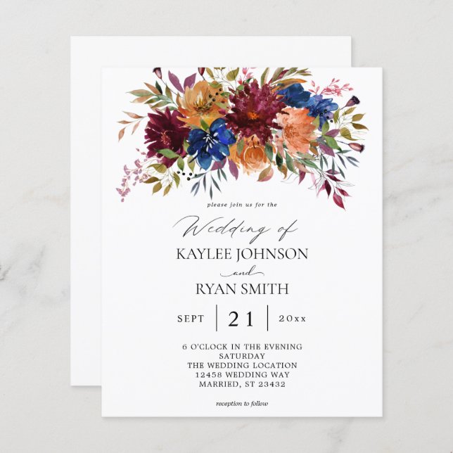 Budget Burgundy, flottan, Orange Fall Blommigt Brö (Fram/baksida)