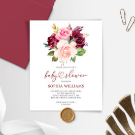 Budget Burgundy Flowers Baby Shower-inbjudan