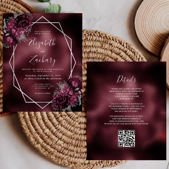 Budget Burgundy Folie Silver Blommig QR-kod Bröllo (Skapare uppladdad)