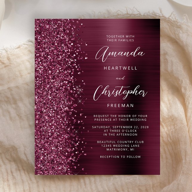 Budget Burgundy Glam Glitter bröllopsinbjudan (Skapare uppladdad)