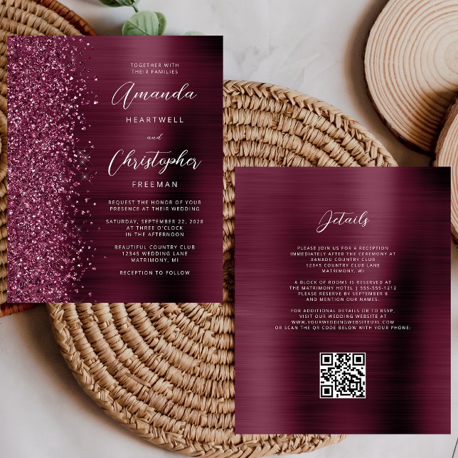 Budget Burgundy Glam QR Code Wedding bjudande (Skapare uppladdad)