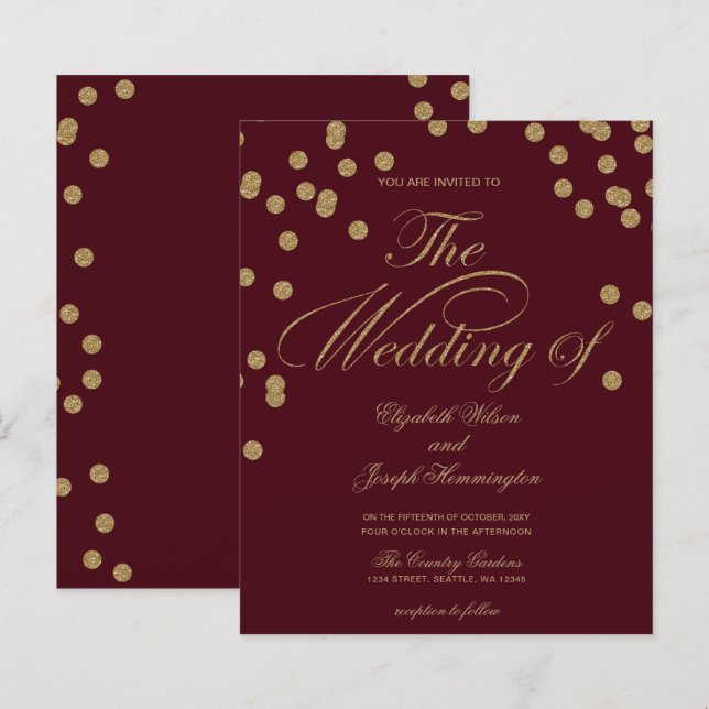 Budget Burgundy Glitter-konfetti-inbjudan (Fram/baksida)