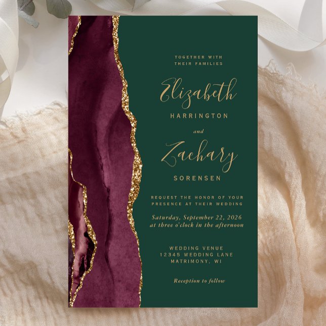 Budget Burgundy Gold Agate Green Wedding Invite (Skapare uppladdad)