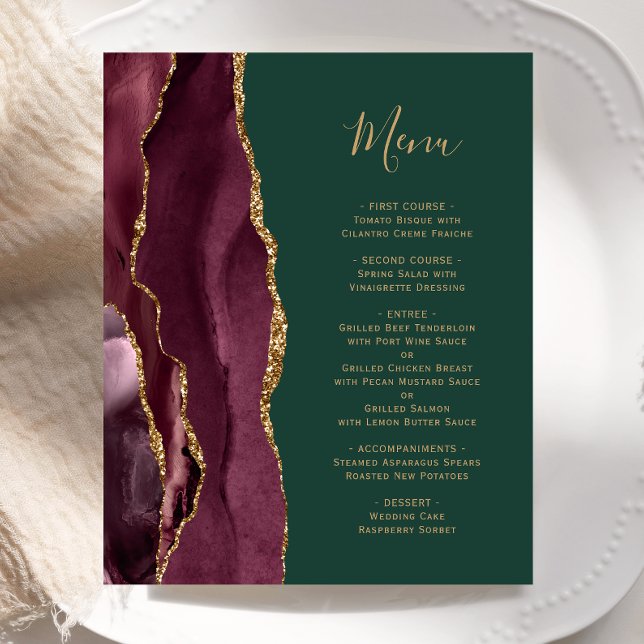 Budget Burgundy Gold Agate Green Wedding Menu (Skapare uppladdad)