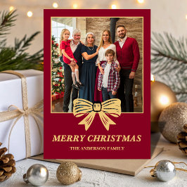 Budget Burgundy & Gold Bow Family Christmas Photo Julkort