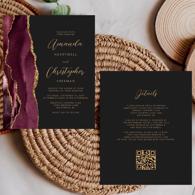Budget Burgundy Guld Agat Mörk QR-kod Bröllop (Skapare uppladdad)