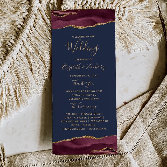 Budget Burgundy Guld Agat Navy Bröllopsprogram Reklamkort (Skapare uppladdad)
